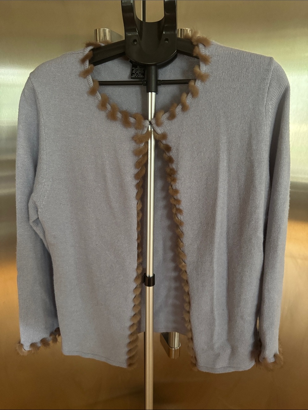 Soft Lavender Blue Open-Front Sweater Cardigan with Brown Trim